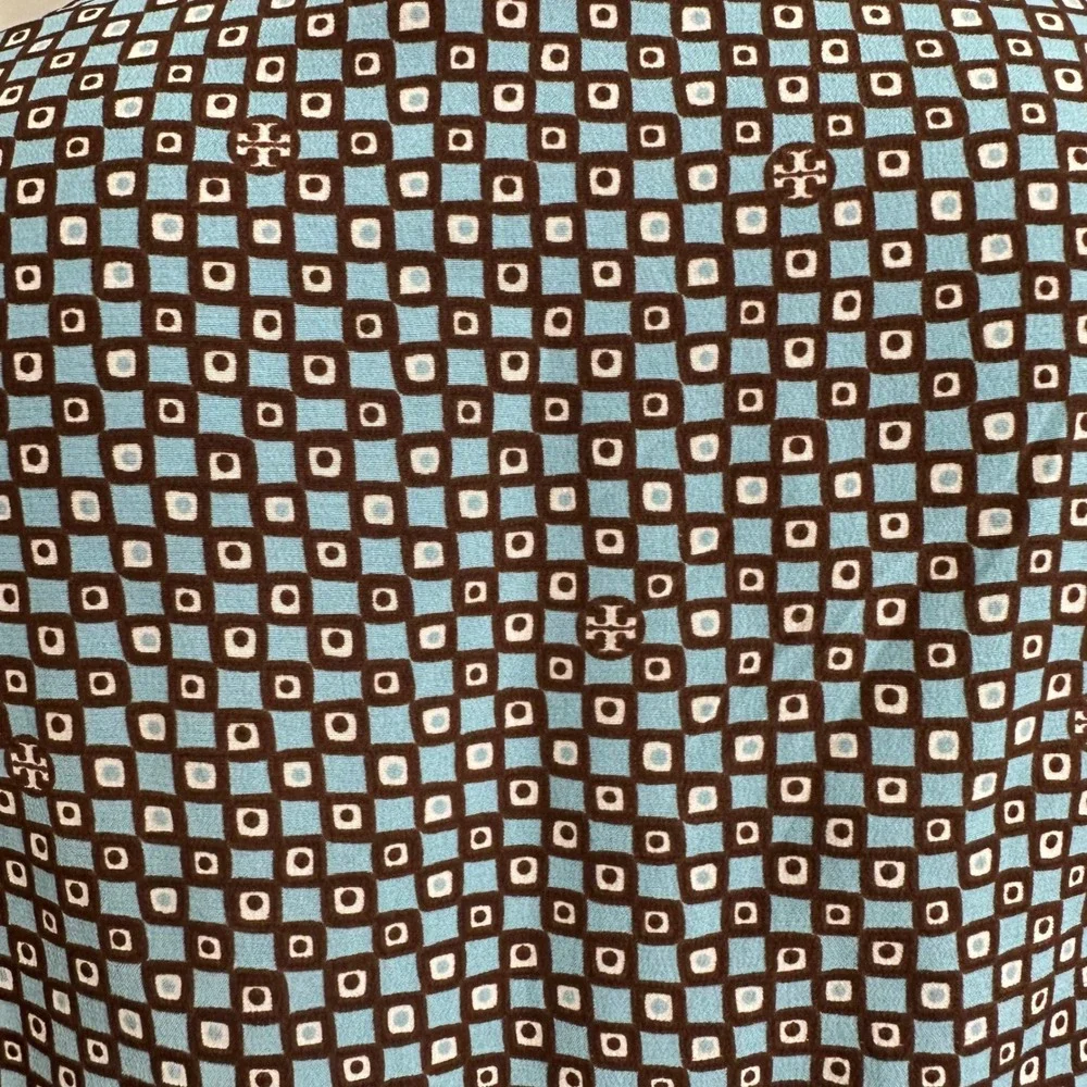 Tory Burch Aqua Brown Bow Tie Front Squares & Logo Print Blouse Sz‎ 6 100% Silk